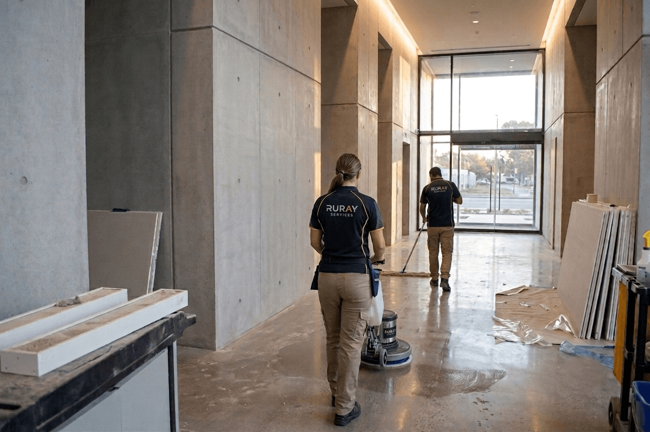 RuRay Services team cleaning a commercial building lobby