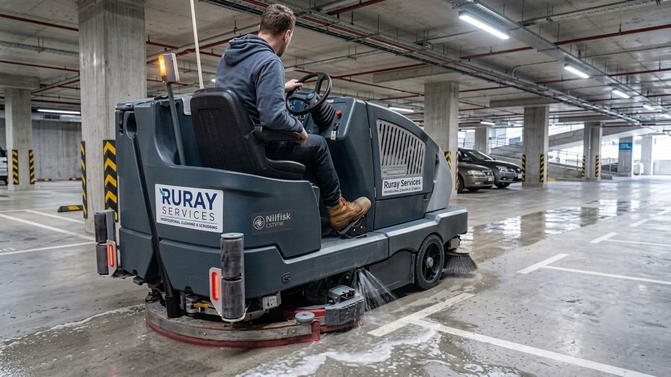 RuRay Services team cleaning a commercial car park
