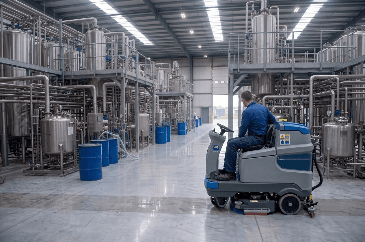 RuRay Services team cleaning an industrial facility floor