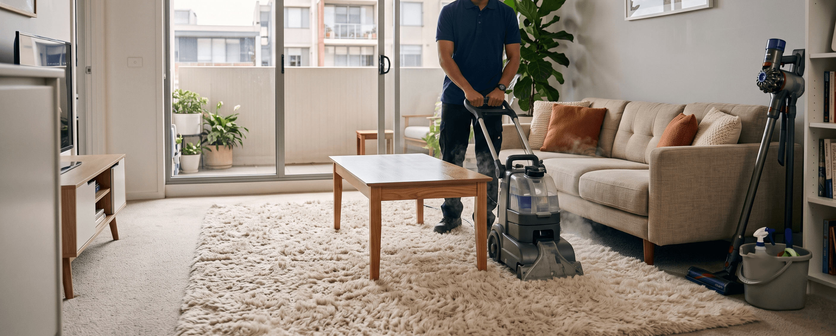 RuRay Services team steam cleaning a living room carpet
