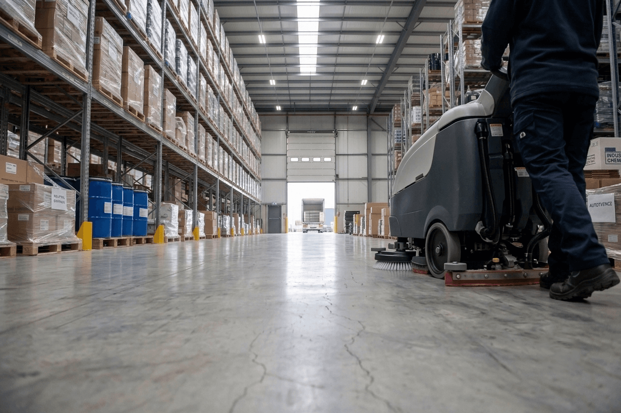 RuRay Services team cleaning a warehouse floor